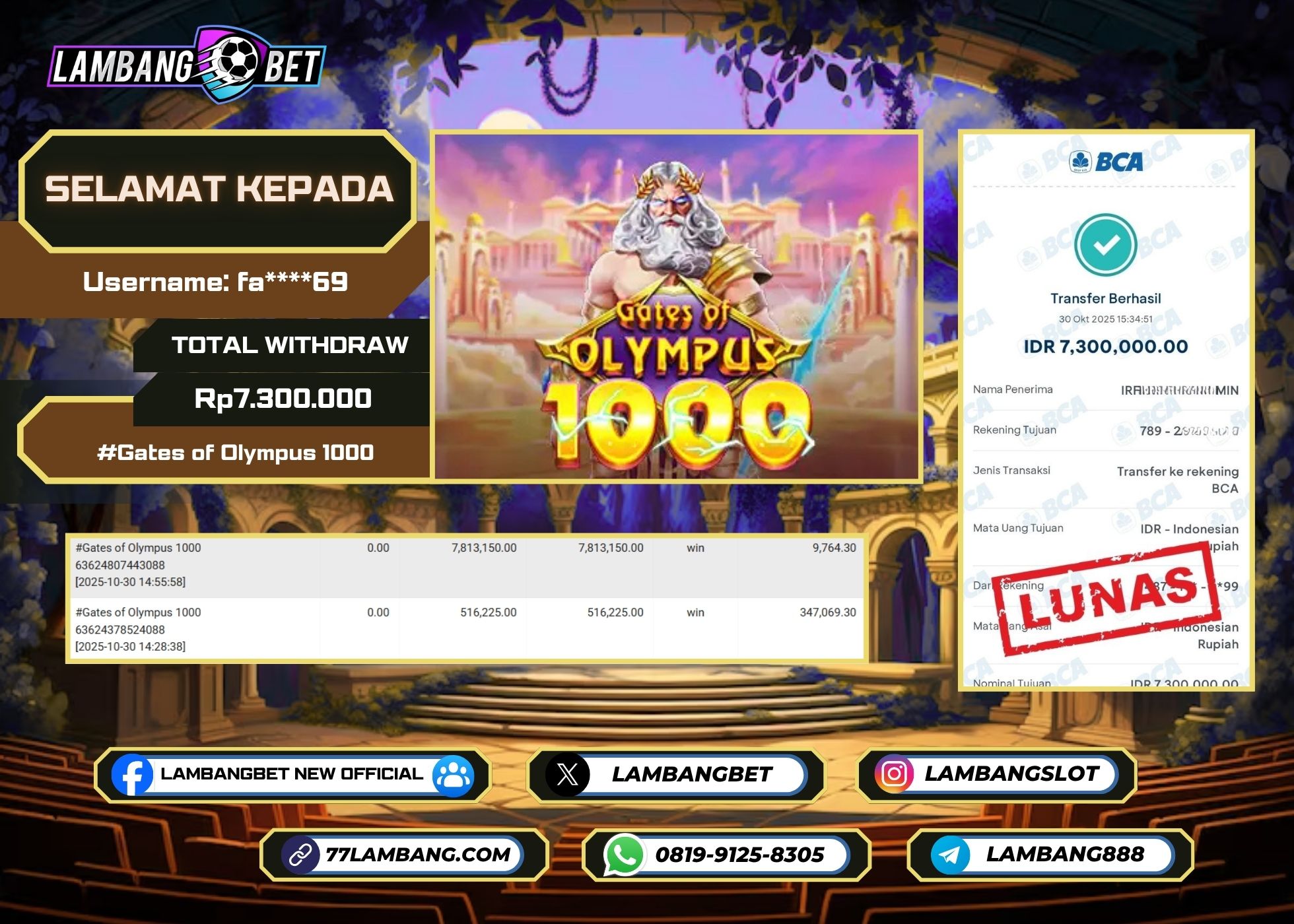 LAMBANGBET [30 OKTOBER 2025] JACKPOT SLOT Gates of Olympus 1000 "Rp7.300.000" LUNAS
